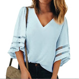 Jocoo Jolee Women Mesh Flared Sleeves V Neck Patchwork Blouses Summer Chiffon Shirt Casual Loose Blouse Female Tops Plus Size