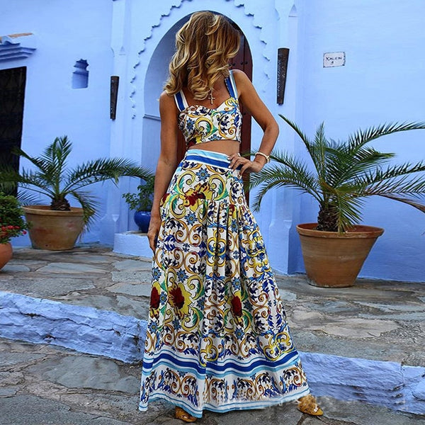 Print Vintage Summer Dress Women Sexy Spaghetti Straps Boho Dresses Long Two Piece Plus Size Vestido De Festa