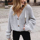 BeAvant Sexy v-neck knitted women cardigan Casual buttons bat sleeve white sweater cardigan Elegant autumn ladies sweaters tops