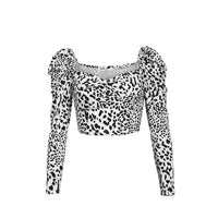 Sexy French Style Vintage Women Square Neck Leopard print Pullover Tops Puff Long Sleeve Crop Tops Shirts Blouse Tops