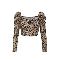 Sexy French Style Vintage Women Square Neck Leopard print Pullover Tops Puff Long Sleeve Crop Tops Shirts Blouse Tops