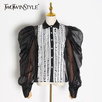 TWOTWINSTYLE Patchwork Mesh Appliques Ladies Blouse Lapel Collar Lantern Long Sleeve Ruched Elegant Shirt Women 2020 Fashion New