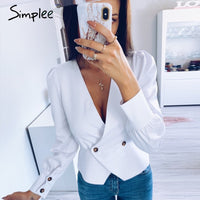 Simplee Elegant solid white women blouse shirts Vintage retro peplum v neck female blouses Puff sleeve casual slusa mujer top