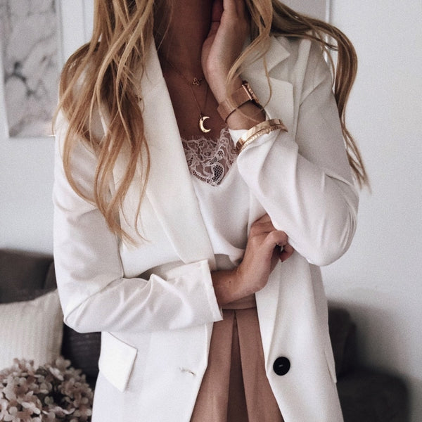 Vintage Blazer Solid Jacket Women Single Button Evening Party Notched White Cape Blazer Women Jacket Blazer