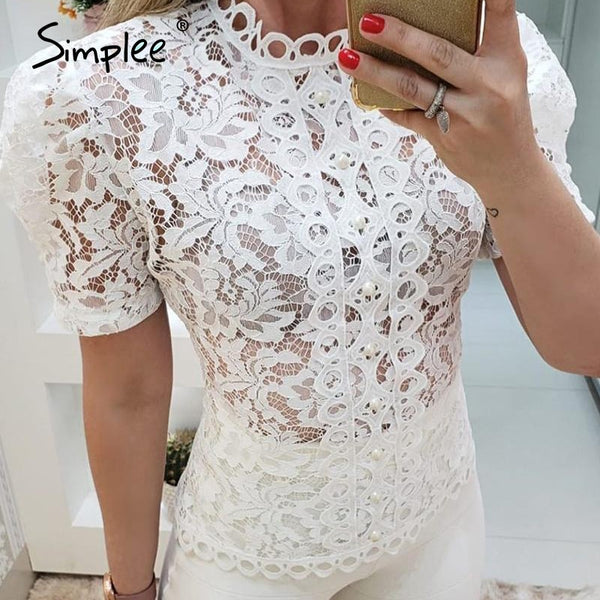 Simplee Hollow out lace embroidery blouse shirt women Puff sleeve button female top shirt Elegant ruffled party ladies tops