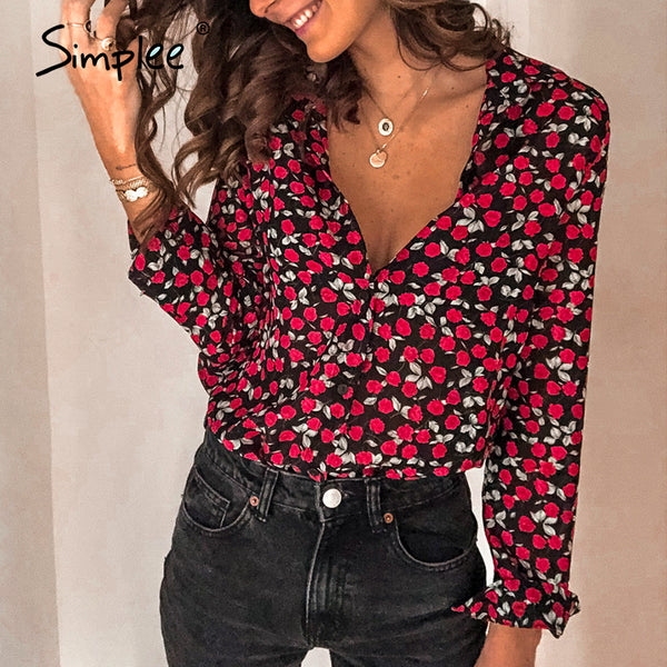 Simplee Floral print women blouse shirt Vintage long sleeve female top shirt Streetwear v-neck plus size office ladies blouse