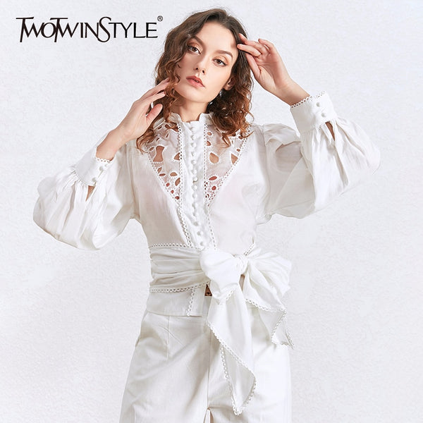 TWOTWINSTYLE Hollow Out Lace Blouses Female Lapel Collar Lantern Long Sleeve Lace Up Bow Shirts For Women 2020 Fashion Clothing