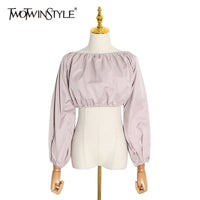 TWOTWINSTYLE Sexy Backless Short Shirt Women Slash Neck Lantern Long Sleeve Tunic Ruched Blouse Female Fashion Clothing 2020 New