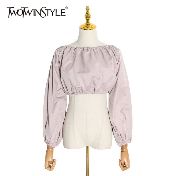 TWOTWINSTYLE Sexy Backless Short Shirt Women Slash Neck Lantern Long Sleeve Tunic Ruched Blouse Female Fashion Clothing 2020 New