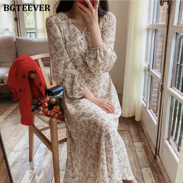 BGTEEVER Vintage V-neck Buttons Lace-up Female Chiffon Dress Full Sleeve Midi Dress Elegant Casual Floral Print Women Dress 2020