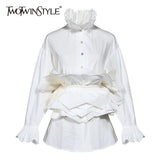 TWOTWINSTYLE Vinatge Patchwork Women blouse Turtleneck Flare Long Sleeve High Waist Tunic Ruffles shirts Female Clothing Fashion