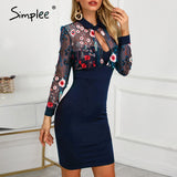 Simplee Sexy embroidered women party dress Elegant floral print female bodycon midi dress Long sleeve ladies straight club dress