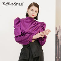 TWOTWINSTYLE Sexy Asymmetrical Blouses Female Turtleneck Lantern Long Sleeve Short Ruched Shirts Women Fashion Clothing 2020 New