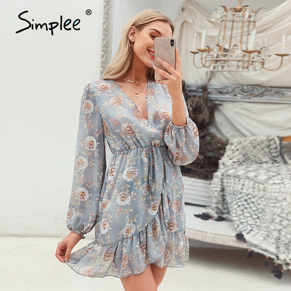 Simplee Floral print women sexy dress Long sleeve v-neck hollow out summer dress Ruffled wrap casual beach holiday dress 2020