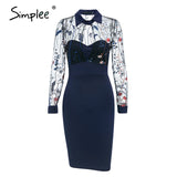 Simplee Sexy embroidered women party dress Elegant floral print female bodycon midi dress Long sleeve ladies straight club dress