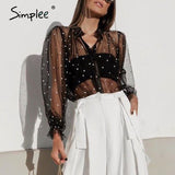 Simplee Sexy mesh transparent women blouse shirt Dot print female tops shirt Button lantern sleeve party club ladies top blouse