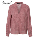 Simplee Casual v neck floral women blouse shirt Sexy long sleeve pink female tops shirt Spring summer office ladies work blouses