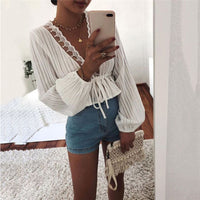 High Street Women White Crop Tops Striped Blouse Lace Deep V Neck Long Lantern Sleeve Shirts Eleghant Lady Waist Lace-up Tops