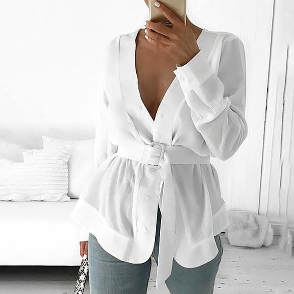 2020 New Spring Women With Belt Tunic Shirt Blouse Long Sleeve Peplum Casual Top  Workwear Mujer Blusas White Shirts