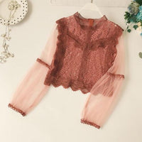 New Arrival Ladies Mesh Lace Hook Flower Lantern Sleeve Loose Retro Short Pullover Blouse Shirts Women Fashion Cute Voile Suits