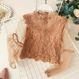 New Arrival Ladies Mesh Lace Hook Flower Lantern Sleeve Loose Retro Short Pullover Blouse Shirts Women Fashion Cute Voile Suits