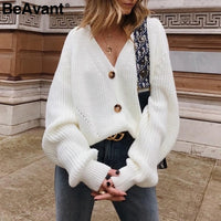 BeAvant Sexy v-neck knitted women cardigan Casual buttons bat sleeve white sweater cardigan Elegant autumn ladies sweaters tops