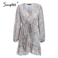 Simplee Floral print women sexy dress Long sleeve v-neck hollow out summer dress Ruffled wrap casual beach holiday dress 2020