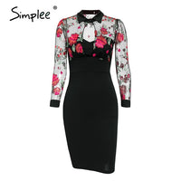 Simplee Sexy embroidered women party dress Elegant floral print female bodycon midi dress Long sleeve ladies straight club dress