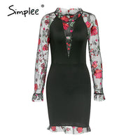 Simplee Sexy embroidered women party dress Elegant floral print female bodycon midi dress Long sleeve ladies straight club dress