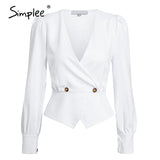 Simplee Elegant solid white women blouse shirts Vintage retro peplum v neck female blouses Puff sleeve casual slusa mujer top