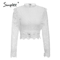 Simplee Sexy white lace woman blouse shirt Long sleeve turtleneck shirts top Hollow out elegant ladies party short top female