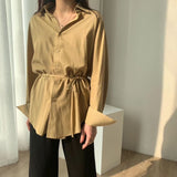 white cotton linen tops blouses korean long sleeve khaki shirts drawstring waist oversized tops 2020