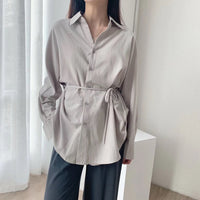 white cotton linen tops blouses korean long sleeve khaki shirts drawstring waist oversized tops 2020