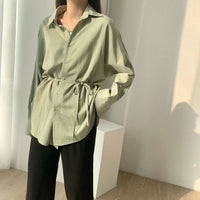 white cotton linen tops blouses korean long sleeve khaki shirts drawstring waist oversized tops 2020