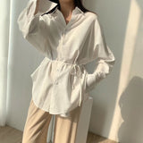 white cotton linen tops blouses korean long sleeve khaki shirts drawstring waist oversized tops 2020