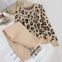 Fashion Retro Women Knitted Suits Leopard Long Sleeve O-neck Sweater + Lace Up Waist Pocket Harem Pants Korean Sets