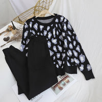 Fashion Retro Women Knitted Suits Leopard Long Sleeve O-neck Sweater + Lace Up Waist Pocket Harem Pants Korean Sets