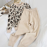 Fashion Retro Women Knitted Suits Leopard Long Sleeve O-neck Sweater + Lace Up Waist Pocket Harem Pants Korean Sets