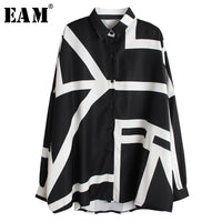 [EAM] Women White Pattern Print Split Big Size Blouse New Lapel Long Sleeve Loose Fit Shirt Fashion Spring Autumn 2020 1R200