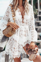 2020 Autumn Lace Crochet Women Beach Dress Bikini Cover Up Swimwear Floral White Black Bathing Suit Tunic Beach Dress