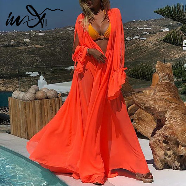 In-X Orange long beach dress women Summer wrap swimsuit cover ups female Kimono Long sleeve beach wear Kaftan robe de plage