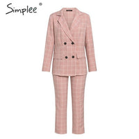 Simplee Fashion plaid women blazer suits Long sleeve double breasted blazer pants set Pink office ladies two-piece blazer sets