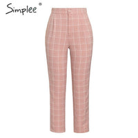 Simplee Fashion plaid women blazer suits Long sleeve double breasted blazer pants set Pink office ladies two-piece blazer sets