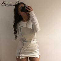 Simenual Casual Fashion Reflective Striped Two Piece Outfits Women Long Sleeve Top And Mini Skirt Sets 2020 White Matching Set