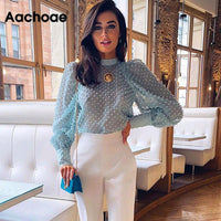 Aachoae Elegant Dots Emebroidery Transparent Blouse Women Puff Long Sleeve Pleated Blouses Ladies Sexy See Through Shirts Tops