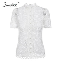 Simplee Hollow out lace embroidery blouse shirt women Puff sleeve button female top shirt Elegant ruffled party ladies tops