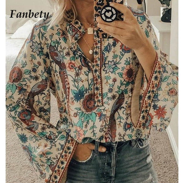 Fanbety Plus size Autumn Chic Blouses women Peacock Floral Print Long Sleeve Shirts women Casual V-neck Boho Blouse Tops Female