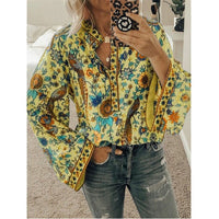 Fanbety Plus size Autumn Chic Blouses women Peacock Floral Print Long Sleeve Shirts women Casual V-neck Boho Blouse Tops Female