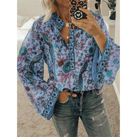 Fanbety Plus size Autumn Chic Blouses women Peacock Floral Print Long Sleeve Shirts women Casual V-neck Boho Blouse Tops Female