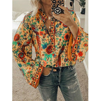 Fanbety Plus size Autumn Chic Blouses women Peacock Floral Print Long Sleeve Shirts women Casual V-neck Boho Blouse Tops Female